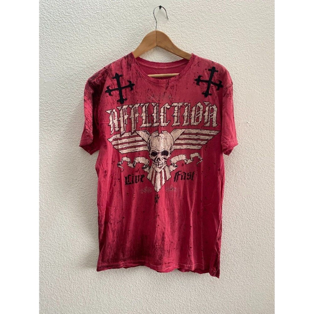 VTG Y2K AFFLICTION Live Fast Distressed Crosses Red T-Shirt Men's Large